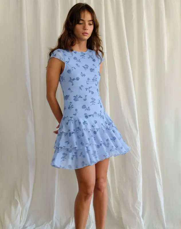 Mirtilo Mini Dress in Inky Blue Floral Mesh sold by Motel Rocks