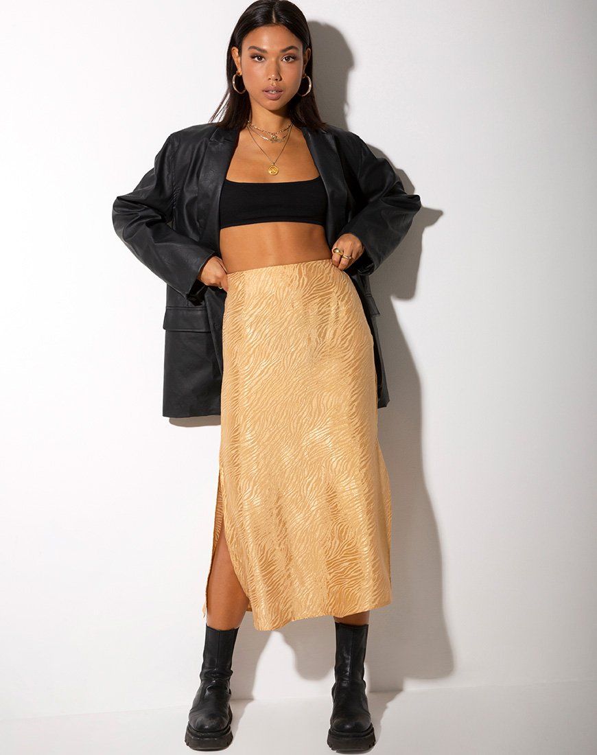 Tindra Midi Skirt in Satin Zebra Caramel sold by Motel Rocks