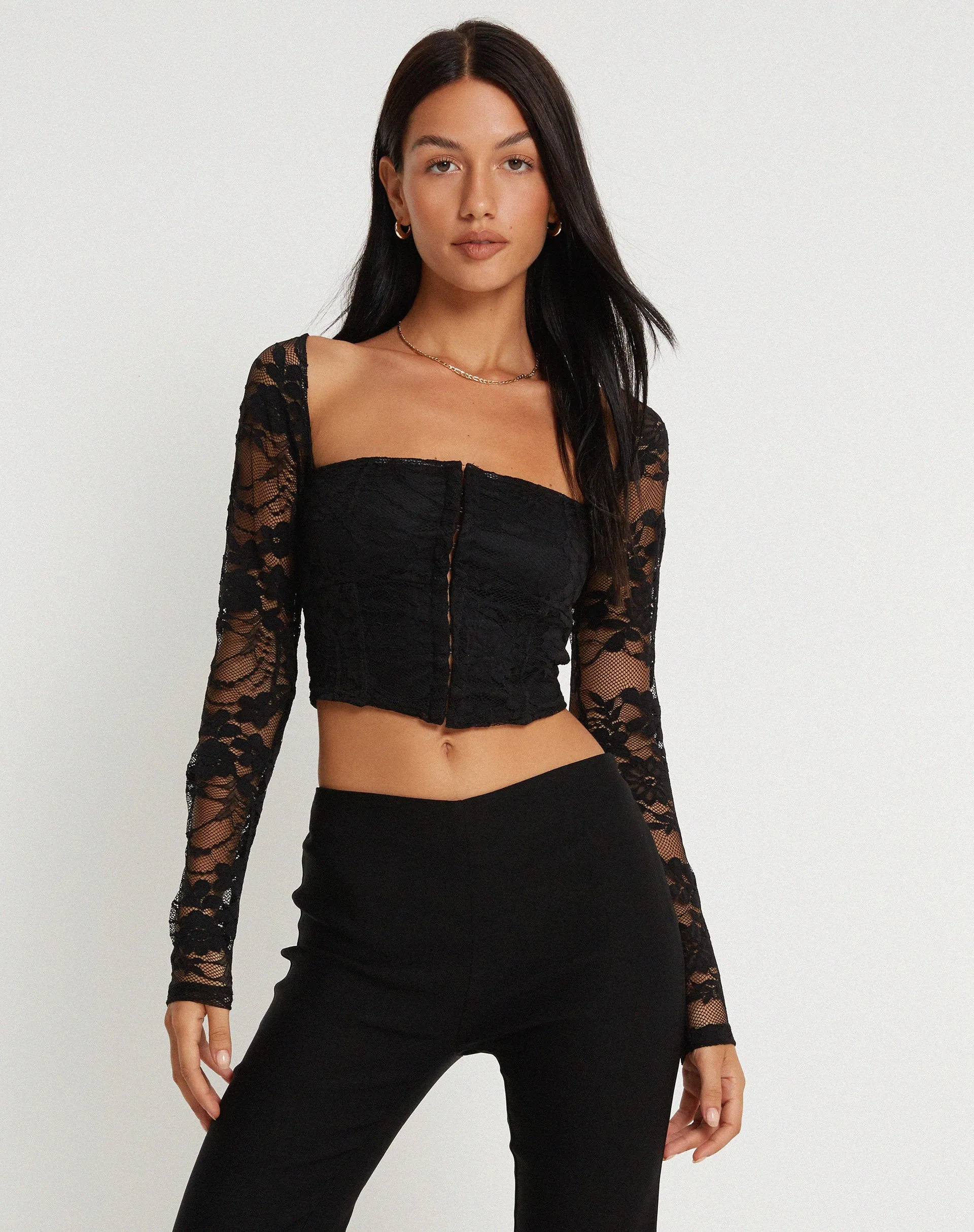 Khafila Long Sleeve Corset Top in Lace Black sold by Motel Rocks product image thumbnail 3