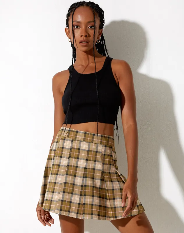 Carga Mini Skirt in Check Brown Tan and Pink sold by Motel Rocks