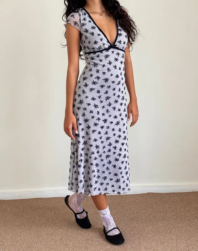 Vilinia Dress in Pale Grey Flower Cluster Flock sold by Motel Rocks