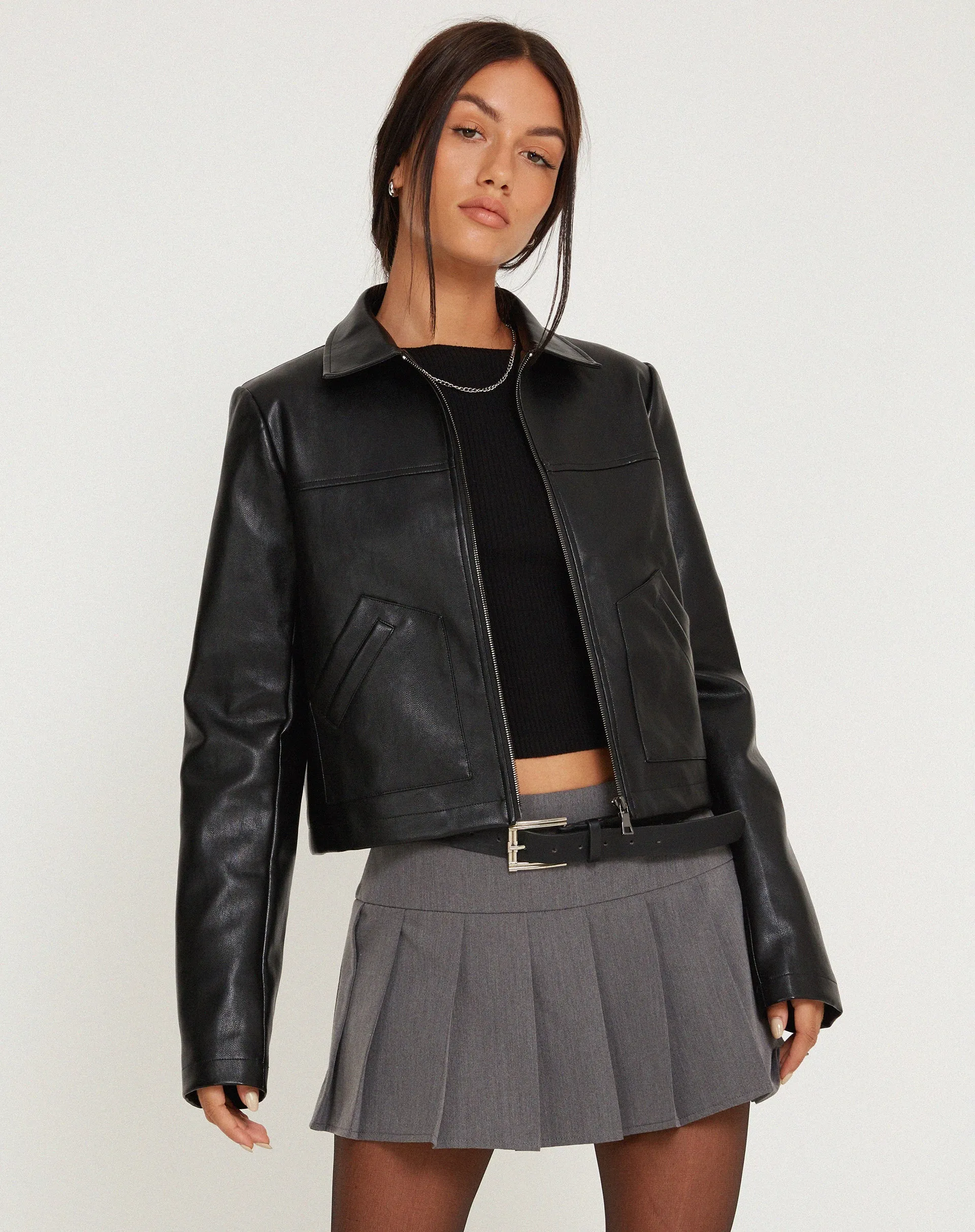 Yonde Zip Up Jacket in PU Black sold by Motel Rocks