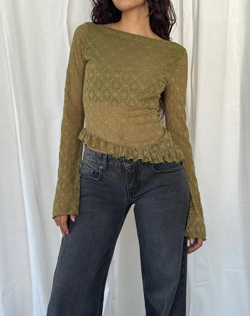 Allegra Long Sleeve Top in Textured Moss Green Lace sold by Motel Rocks product image thumbnail 2