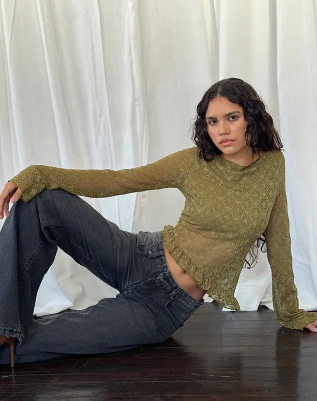 Allegra Long Sleeve Top in Textured Moss Green Lace sold by Motel Rocks