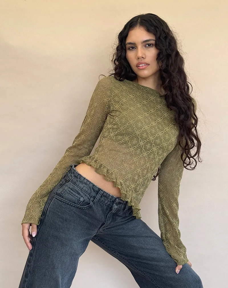 Allegra Long Sleeve Top in Textured Moss Green Lace sold by Motel Rocks product image thumbnail 3