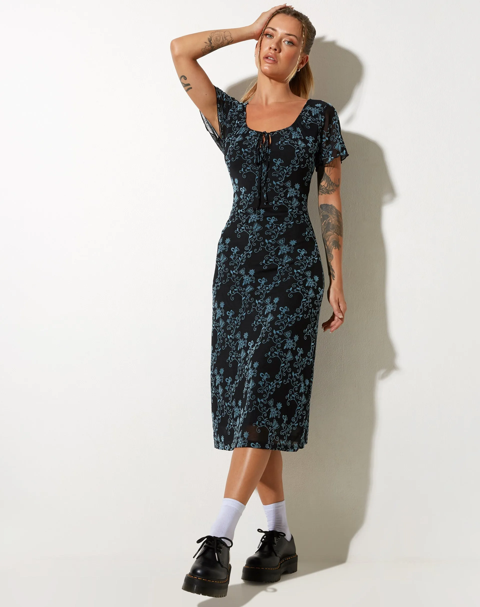 Lorani Midi Dress in Butterfly Vine Flock Blue sold by Motel Rocks