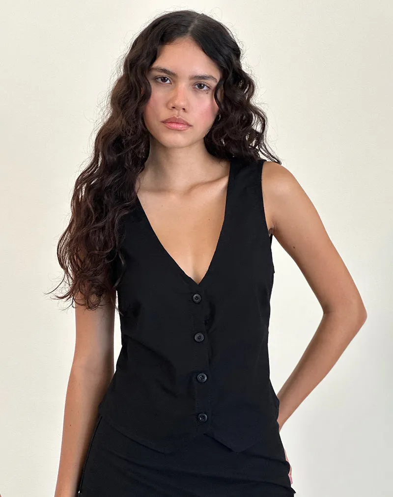 Cyna Button Through Vest Top in Black Linen sold by Motel Rocks