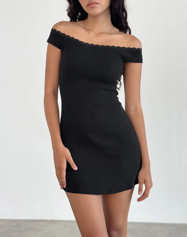 Chana Off Shoulder Mini Dress in Black Rib with Lace Trim sold by Motel Rocks