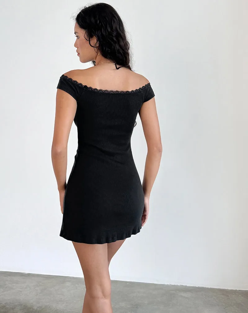Chana Off Shoulder Mini Dress in Black Rib with Lace Trim sold by Motel Rocks product image thumbnail 3