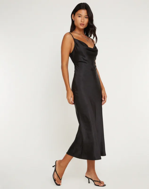 Palasha Midi Dress in Satin Black sold by Motel Rocks
