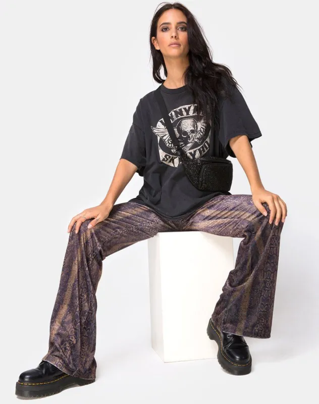 Herlom Flare Trouser in Velvet Brown Snake sold by Motel Rocks