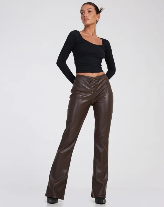 Zinam Flared Leg Trouser in PU Brown sold by Motel Rocks