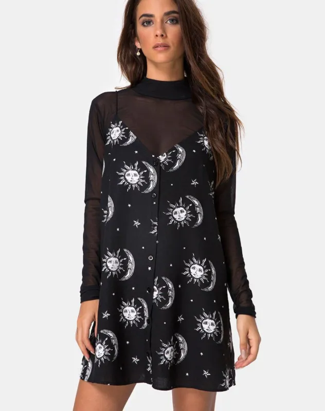 Sanna Slip Dress in Sun Moon Stars BW sold by Motel Rocks
