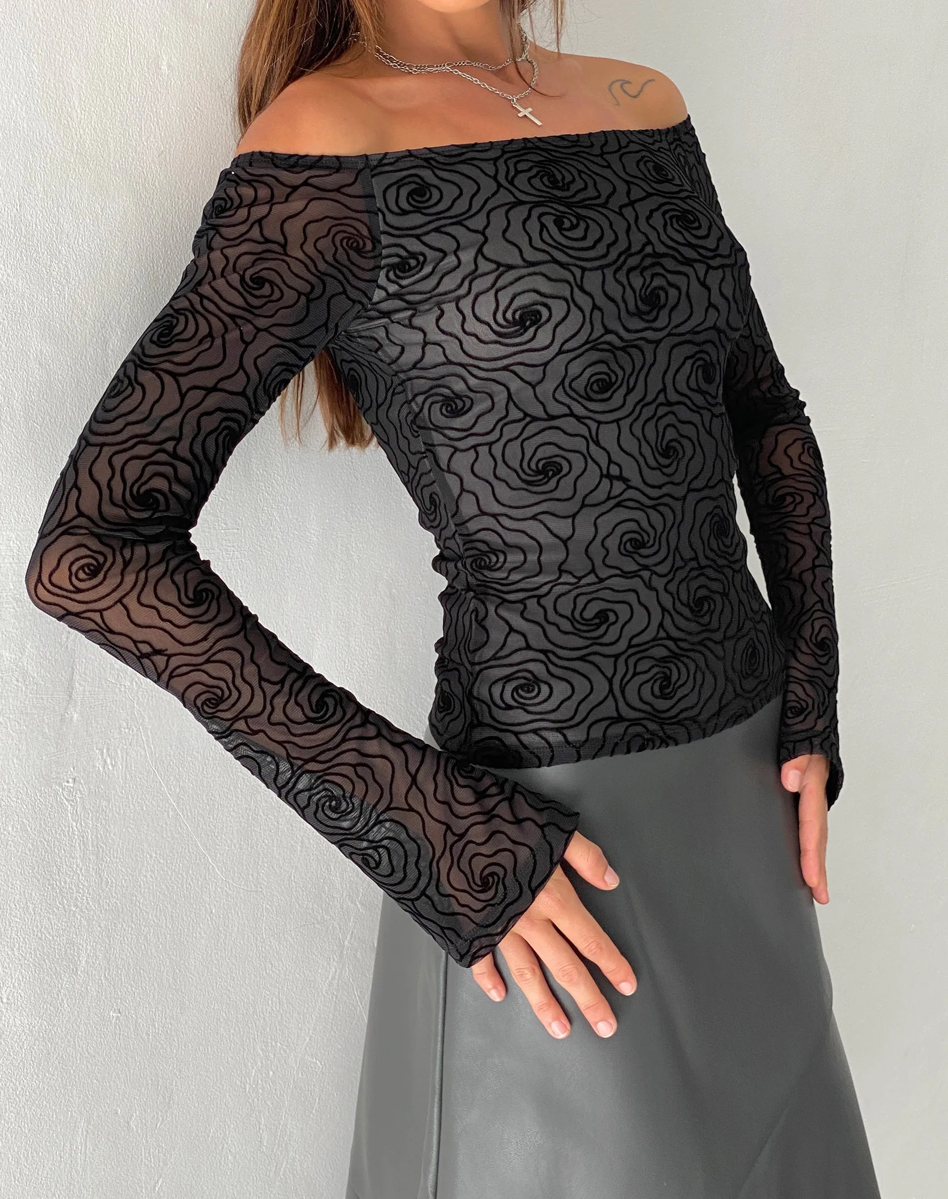 Neira Long Sleeve Mesh Bardot Top in Black Abstract Flower Flock sold by Motel Rocks product image thumbnail 4