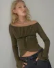 Kareena Long Sleeve Bardot Top in Abstract Botanic Dark Olive sold by Motel Rocks