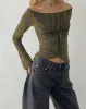 Kareena Long Sleeve Bardot Top in Abstract Botanic Dark Olive sold by Motel Rocks