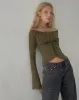 Kareena Long Sleeve Bardot Top in Abstract Botanic Dark Olive sold by Motel Rocks