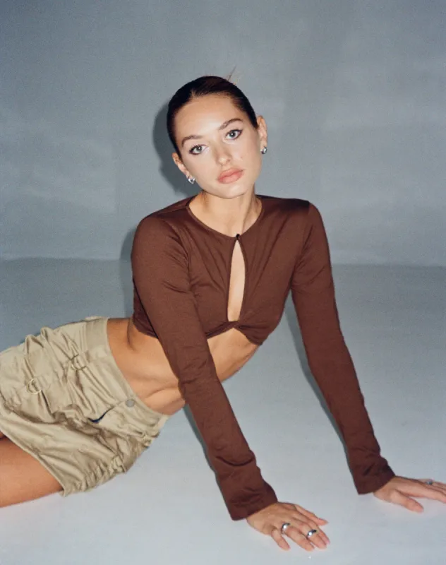 Zen Long Sleeve Cut Out Top in Chocolate sold by Motel Rocks
