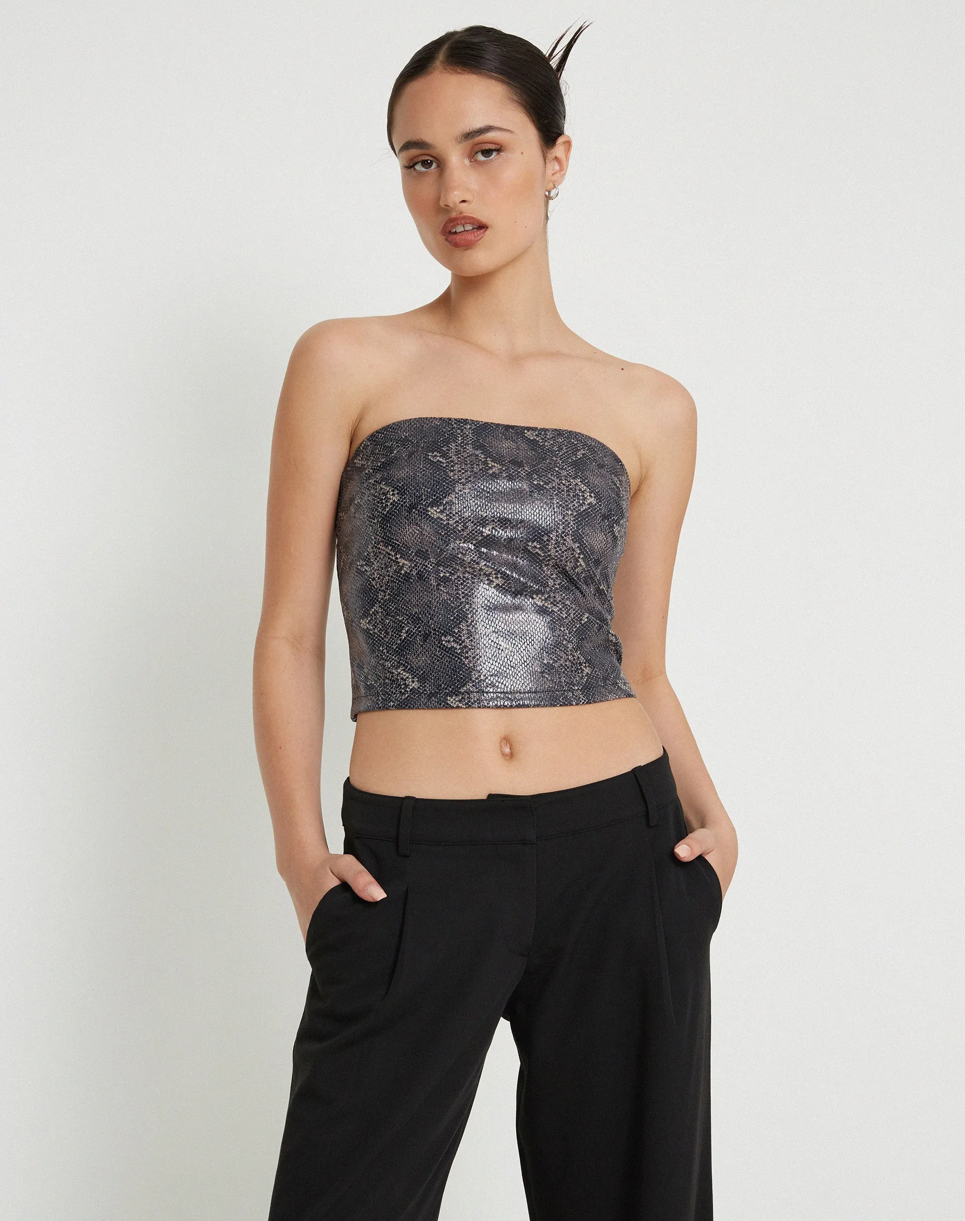 Dena bandeau Top in PU Snake Skin Tan sold by Motel Rocks product image thumbnail 3