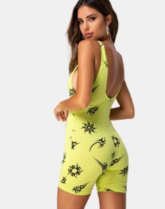 Acro unitard in Green with Tribal Repeat sold by Motel Rocks