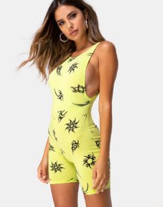 Acro unitard in Green with Tribal Repeat sold by Motel Rocks