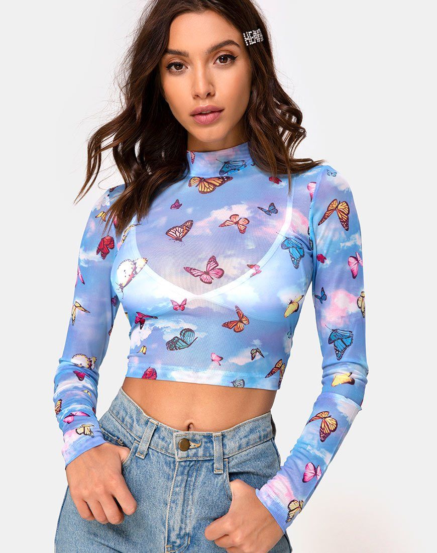 Lara Top in Mesh Blue Butterfly sold by Motel Rocks