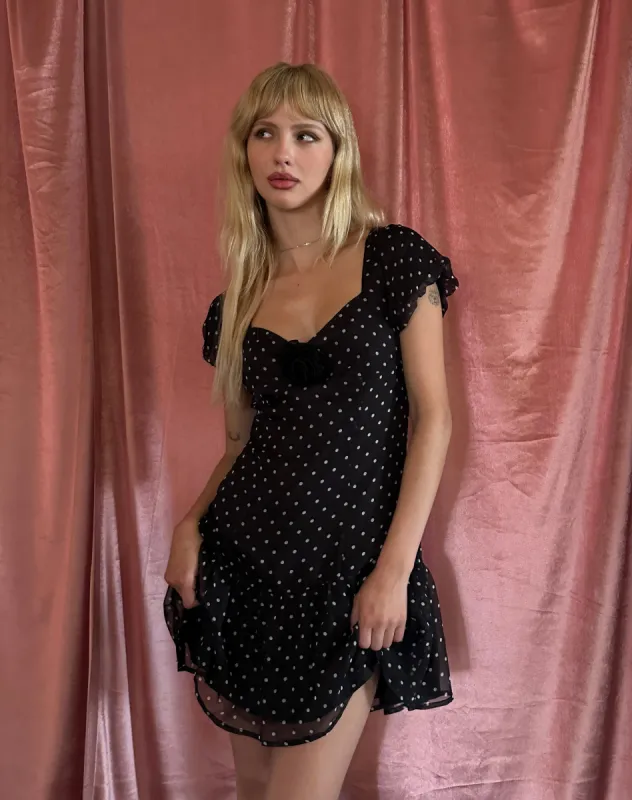Clara Mini Dress in Polka Black Chiffon sold by Motel Rocks