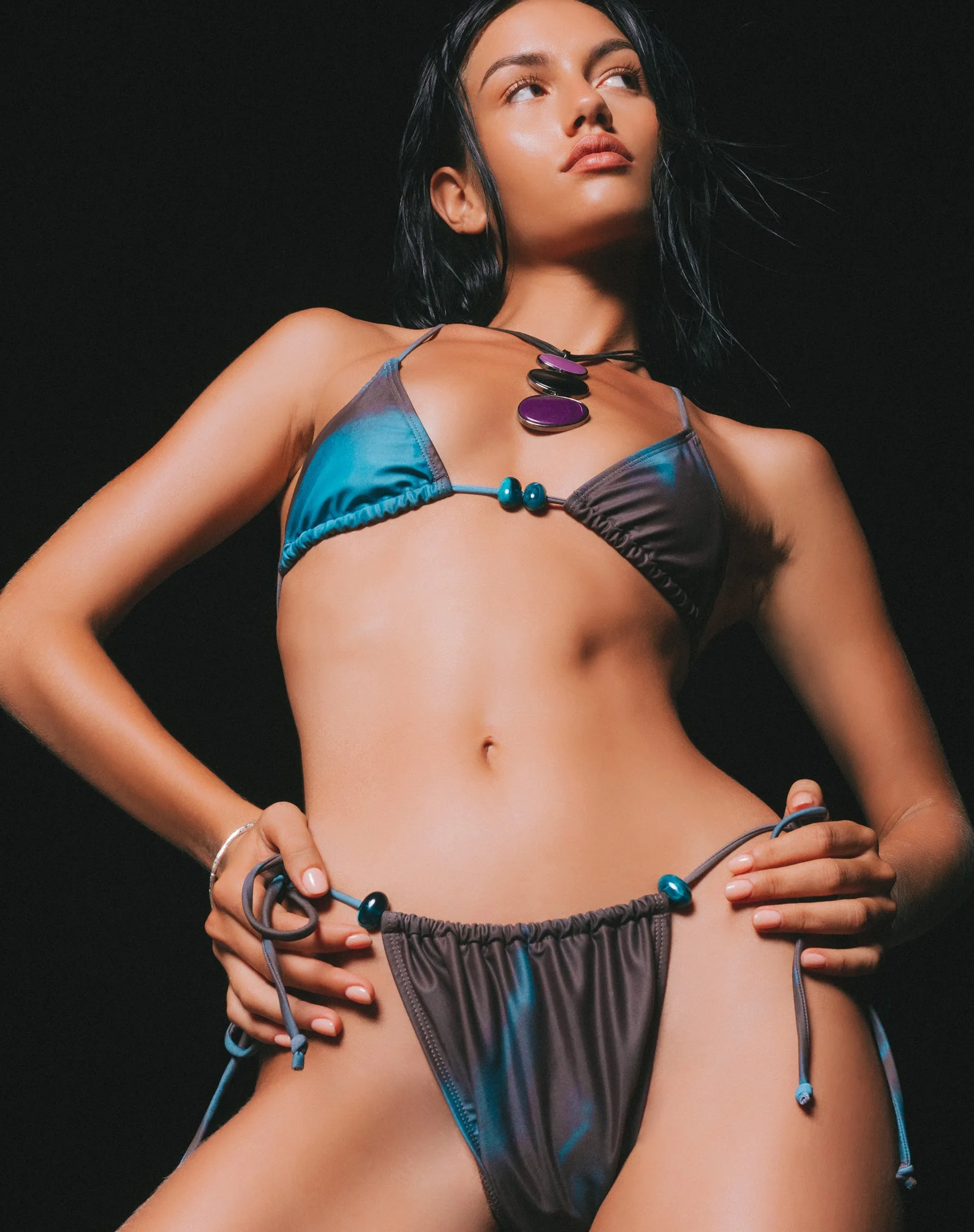 Leyna Beaded Bikini Bottom in Watercolour Brown sold by Motel Rocks