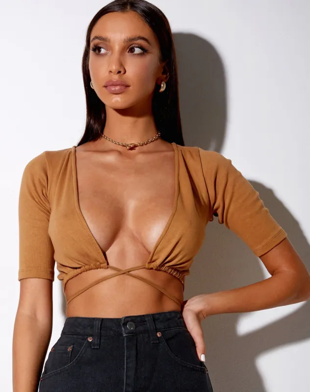 Liena Crop Top in Rib Dark Tan sold by Motel Rocks