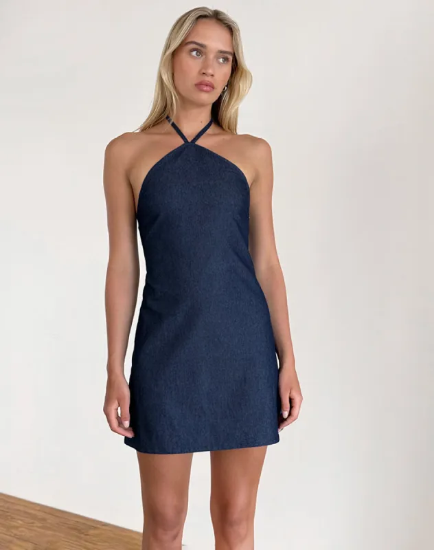Belinda Halterneck Mini Dress in Denim Chambray Indigo sold by Motel Rocks