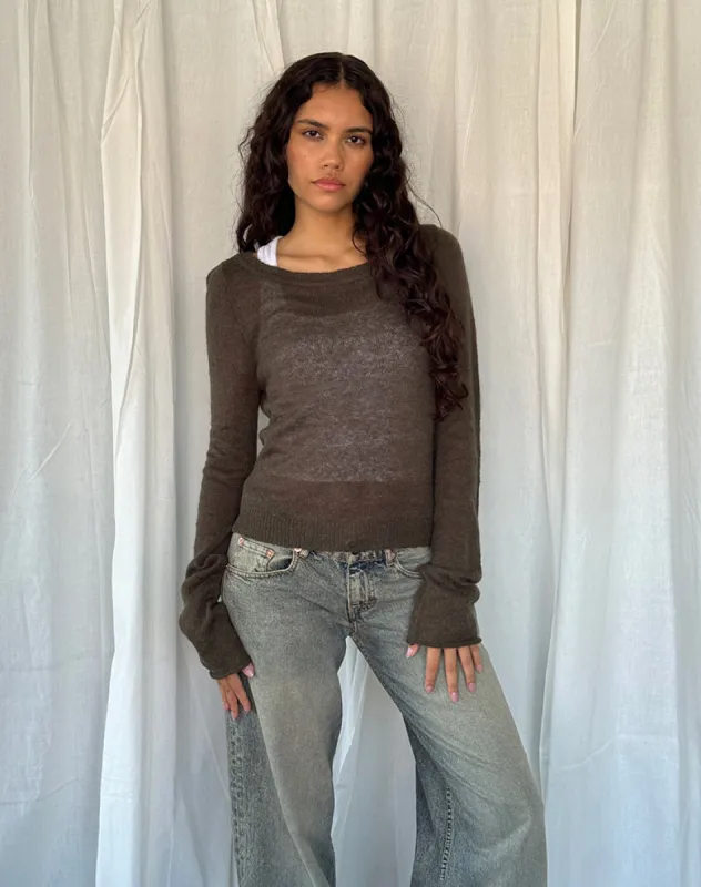 Addison Long Sleeve Sheer Knit Top in Dark Chocolate sold by Motel Rocks
