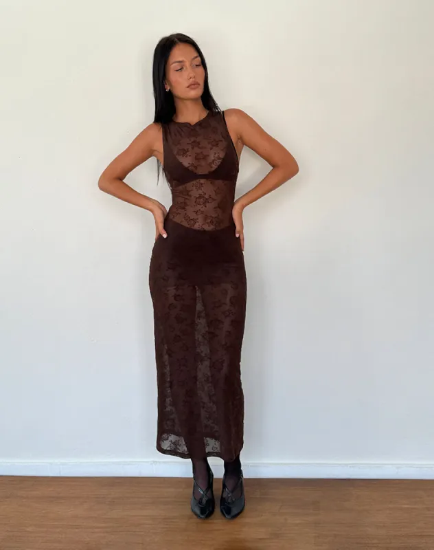Florian Romantic Rose Midi Dress in Flock Brown sold by Motel Rocks