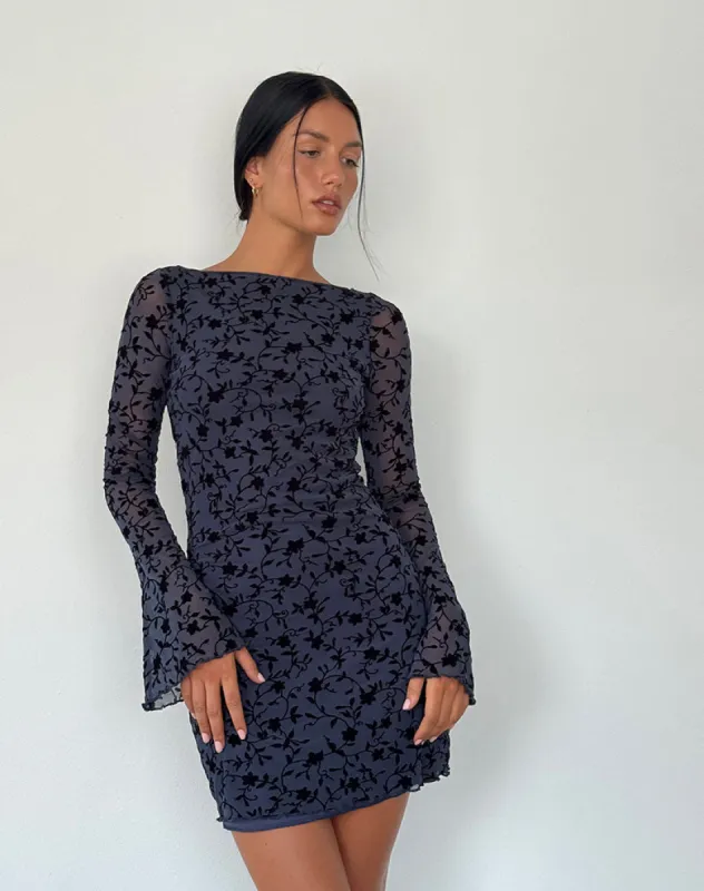 Sevila Long Sleeve Mini Dress in Flocked Petal Navy sold by Motel Rocks