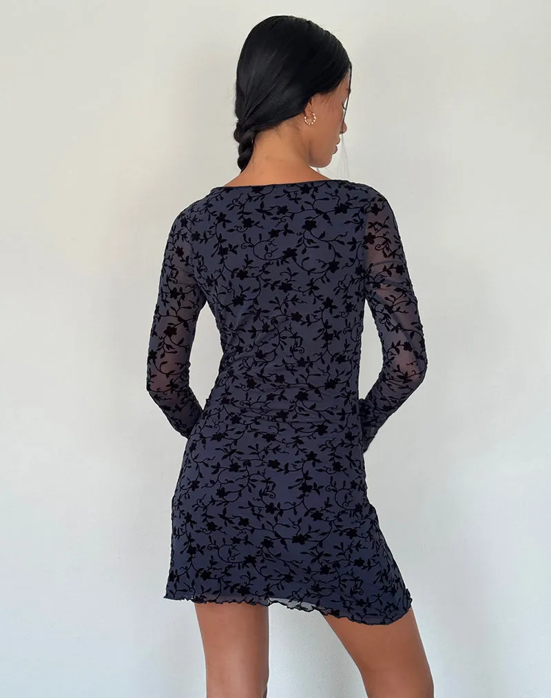 Sevila Long Sleeve Mini Dress in Flocked Petal Navy sold by Motel Rocks product image thumbnail 4