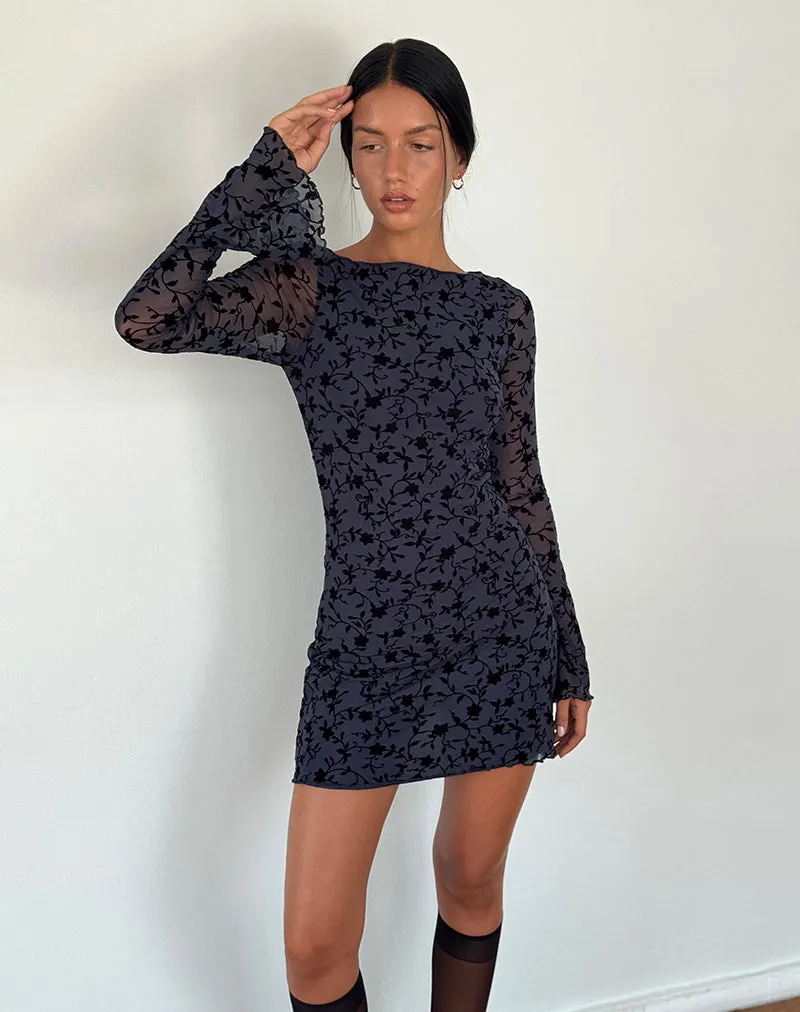 Sevila Long Sleeve Mini Dress in Flocked Petal Navy sold by Motel Rocks product image thumbnail 5