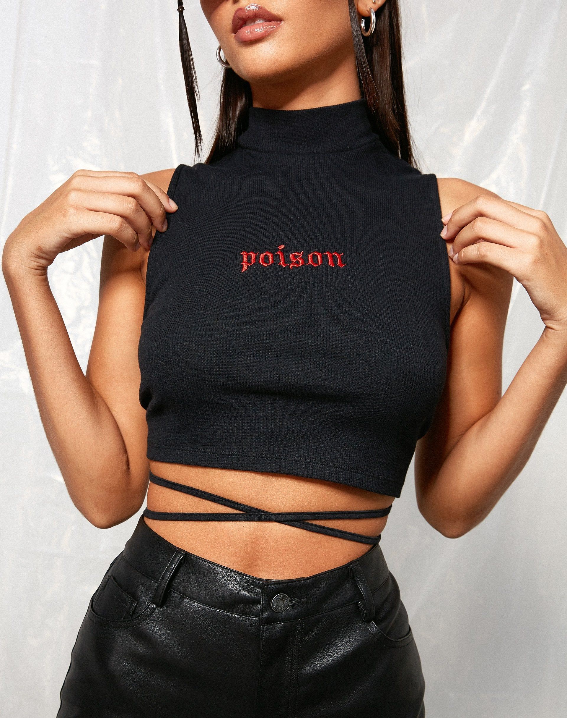 Quera Crop Top in Rib Black 'Poison' Embro sold by Motel Rocks