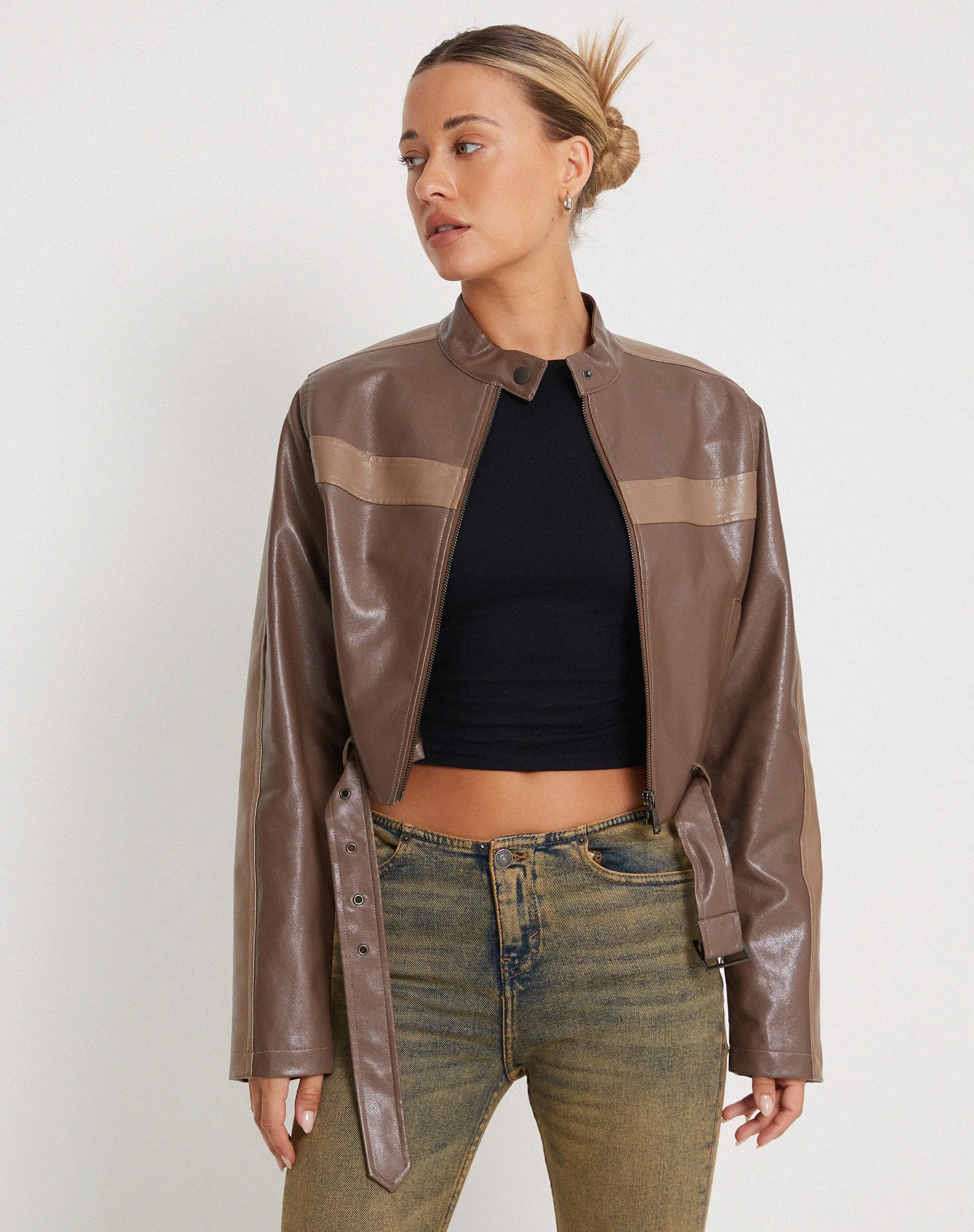 Derby Zip Up Jacket in PU Tonal Brown sold by Motel Rocks product image thumbnail 2