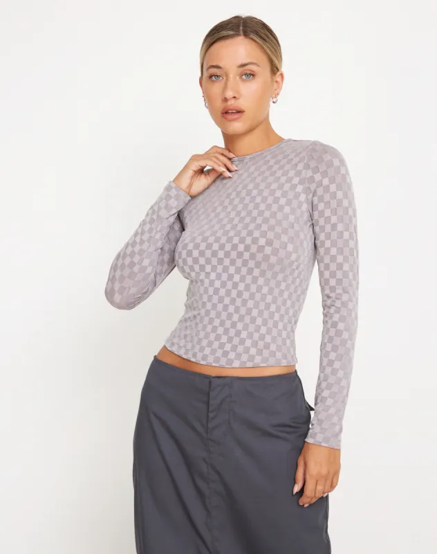 Natari Long Sleeve Crop Top in Check Grey sold by Motel Rocks