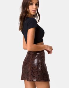Wren Skirt in PU Snake Brown sold by Motel Rocks
