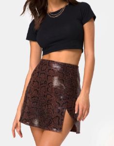 Wren Skirt in PU Snake Brown sold by Motel Rocks