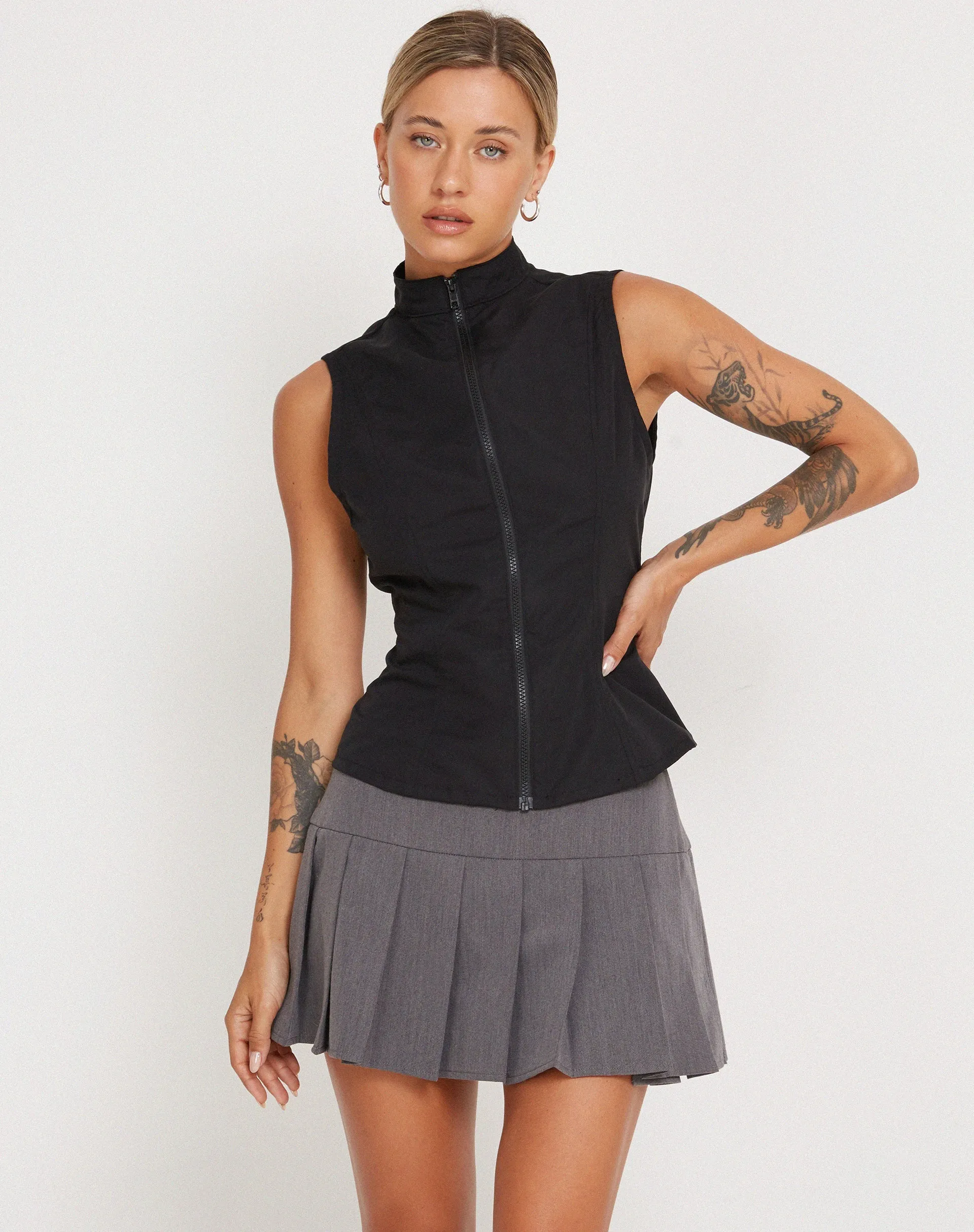 Rilyn Zip Up Vest Top in Black sold by Motel Rocks
