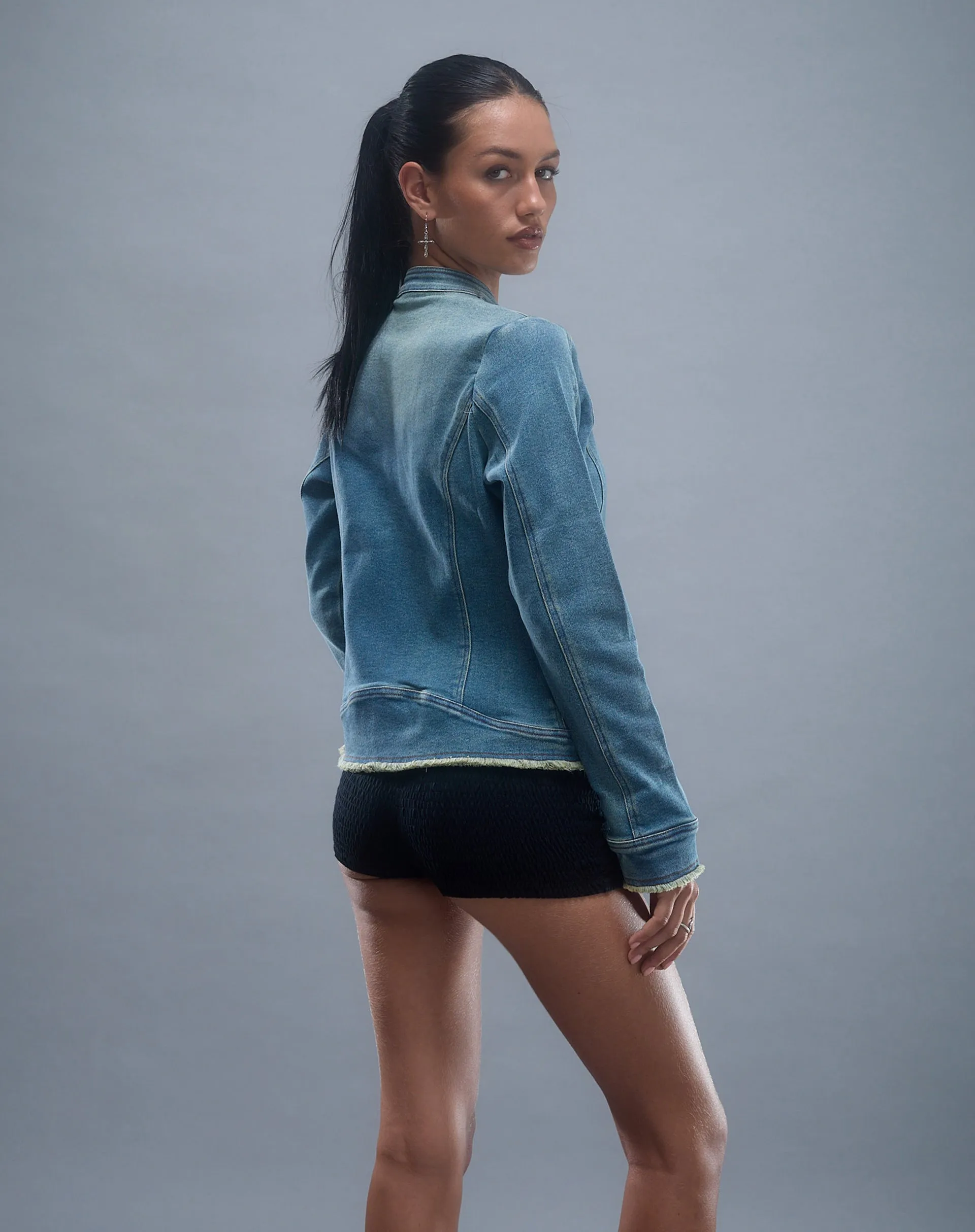 Zayn Fitted Biker Jacket in Vintage Blue Denim sold by Motel Rocks product image thumbnail 4