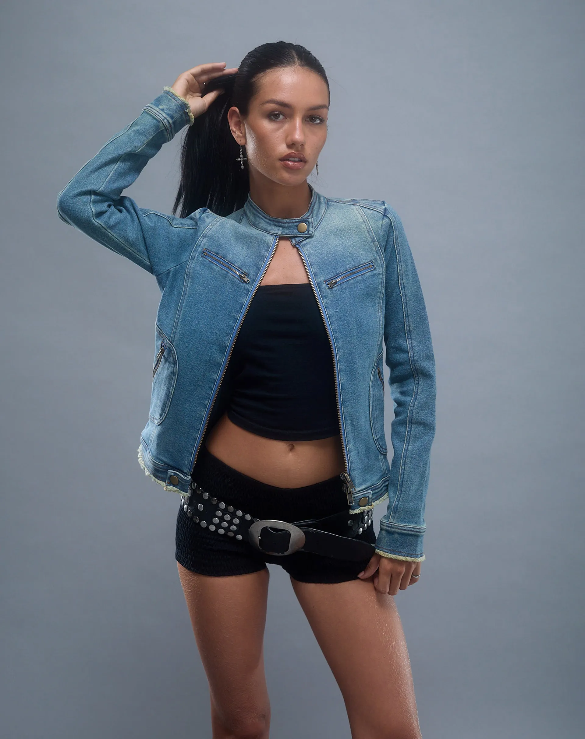 Zayn Fitted Biker Jacket in Vintage Blue Denim sold by Motel Rocks product image thumbnail 3