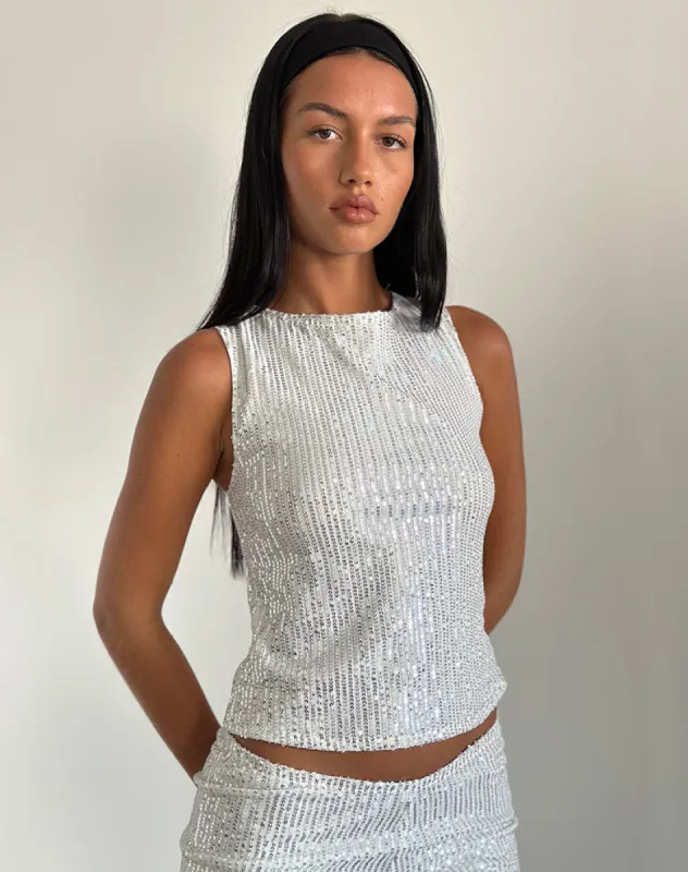 Hala Top in Silver Chrome Drape Mini Sequin sold by Motel Rocks