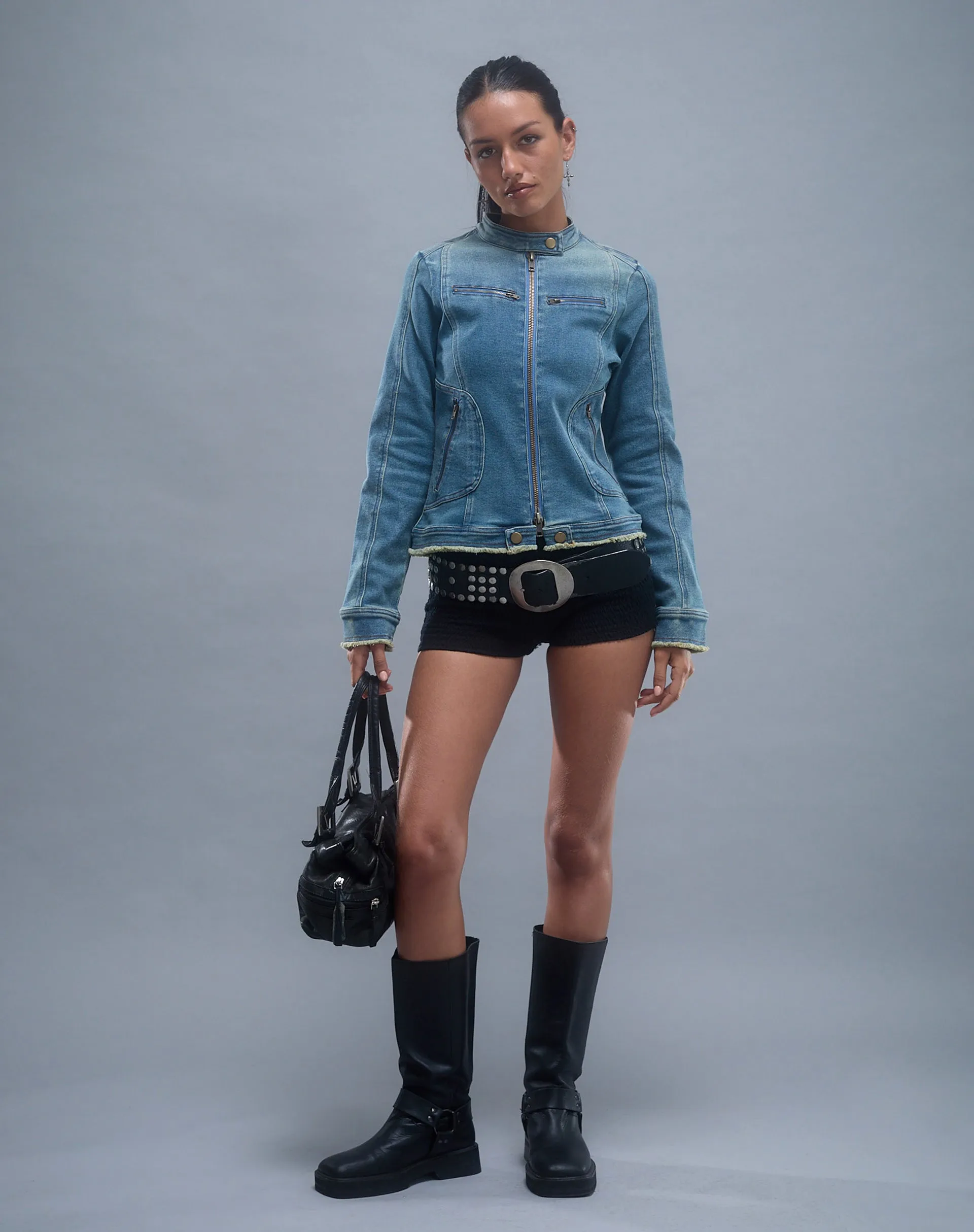 Zayn Fitted Biker Jacket in Vintage Blue Denim sold by Motel Rocks product image thumbnail 5