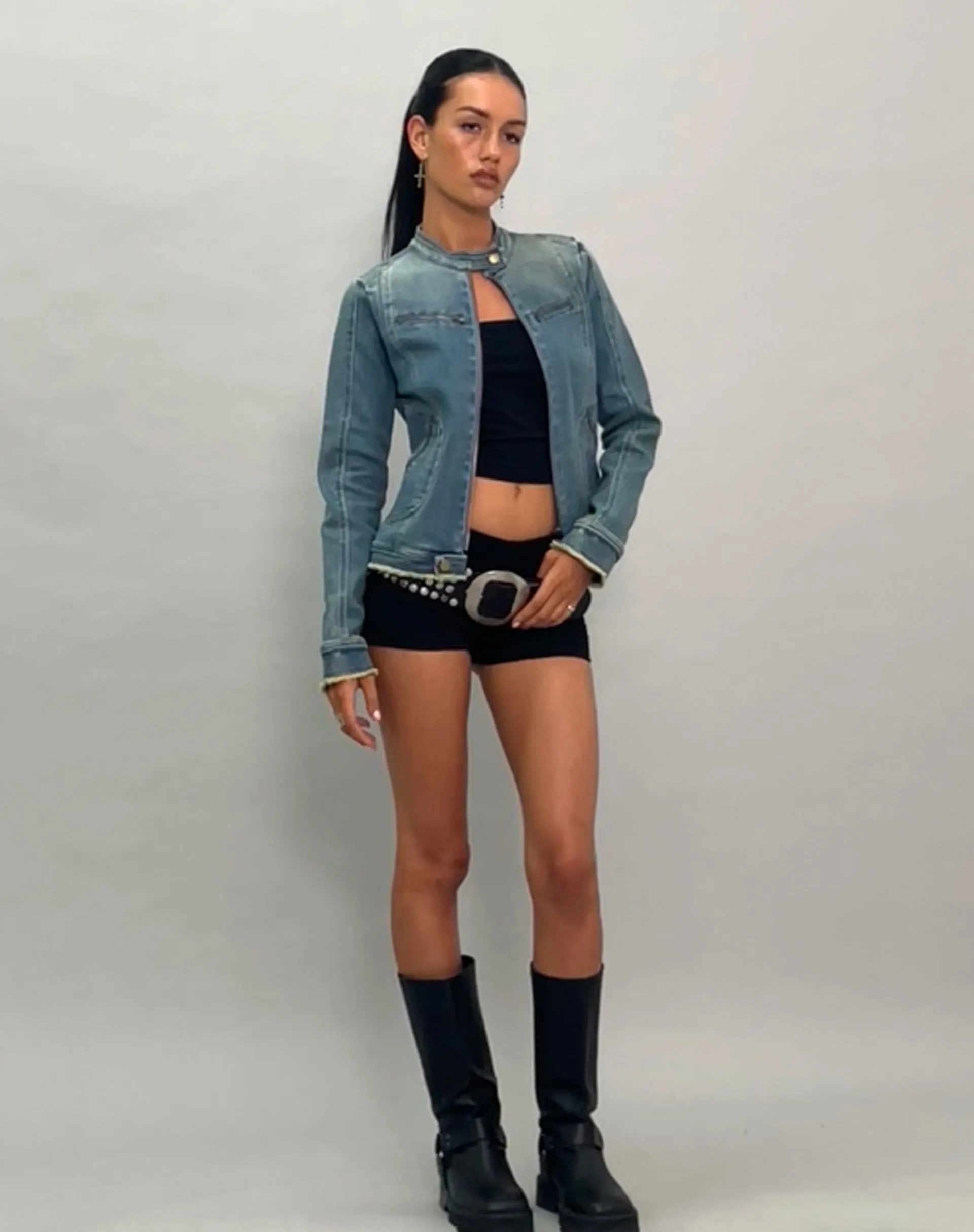 Zayn Fitted Biker Jacket in Vintage Blue Denim sold by Motel Rocks product image thumbnail 2