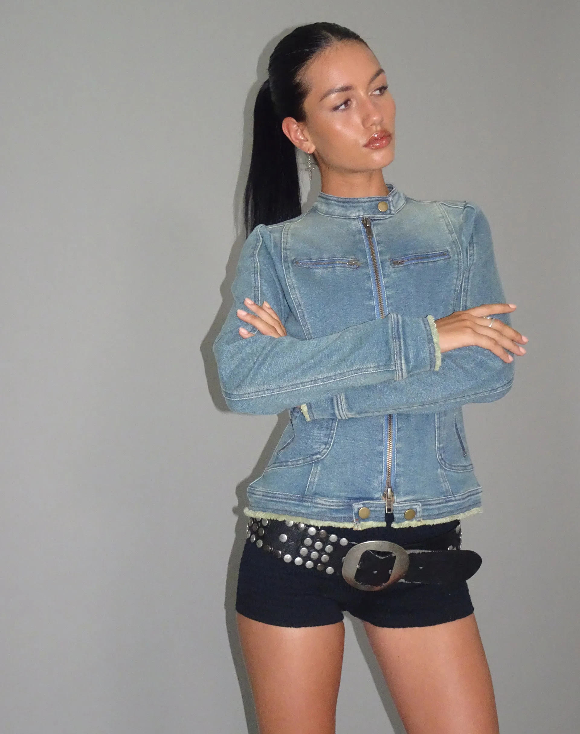 Zayn Fitted Biker Jacket in Vintage Blue Denim sold by Motel Rocks
