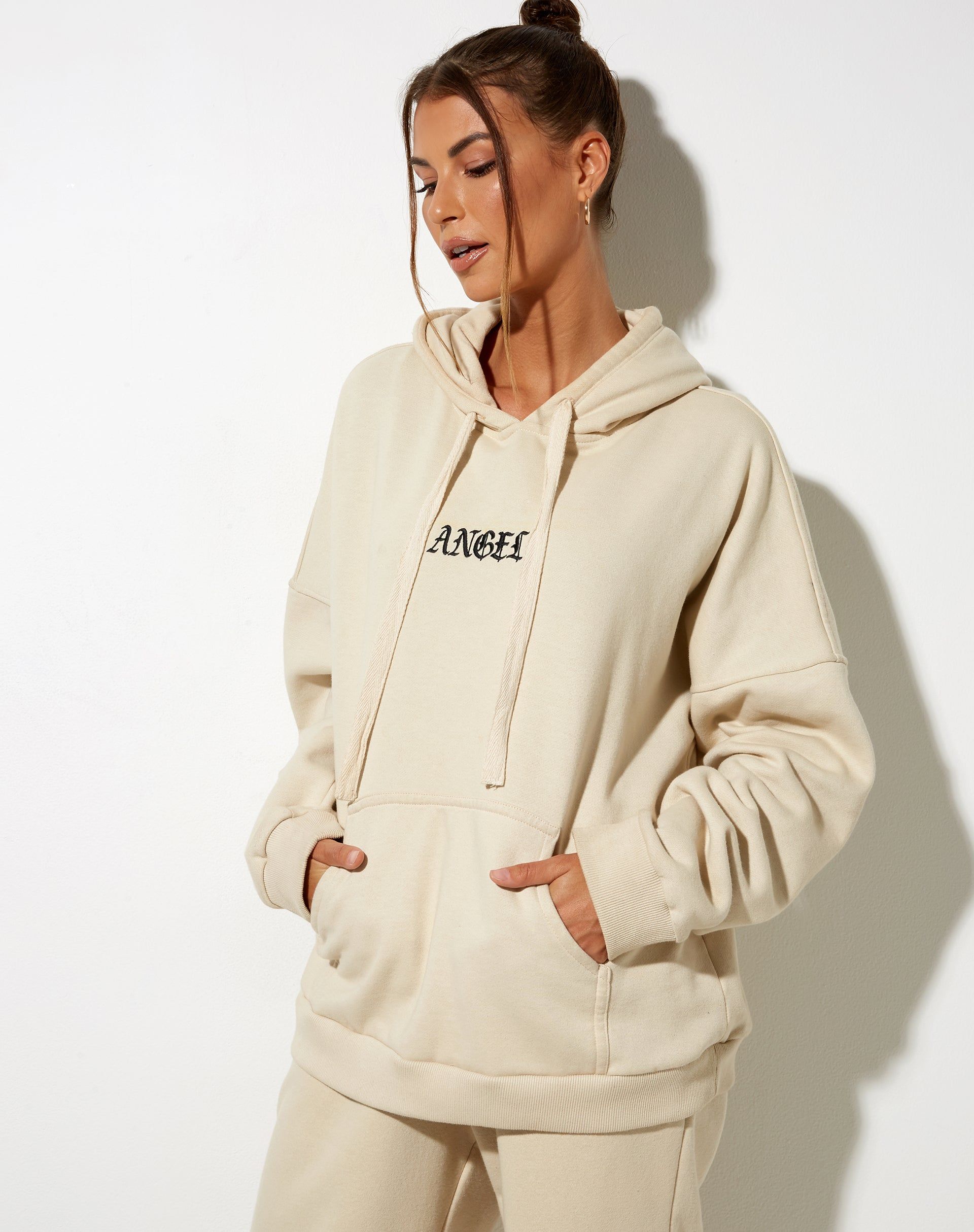 Oversize Hoody in Stone with Angel Embro sold by Motel Rocks product image thumbnail 2