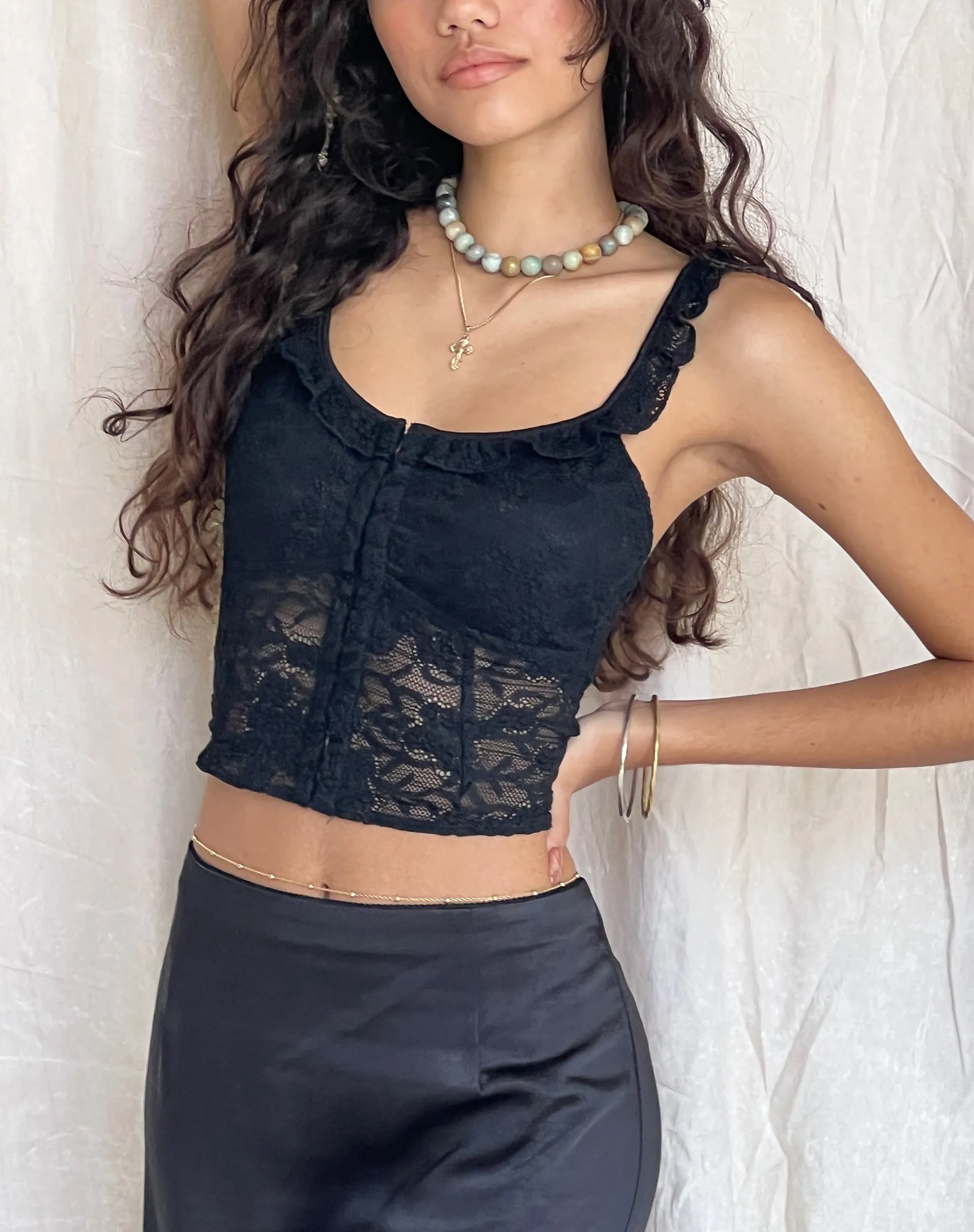 Laru Corset Top in Lace Black sold by Motel Rocks