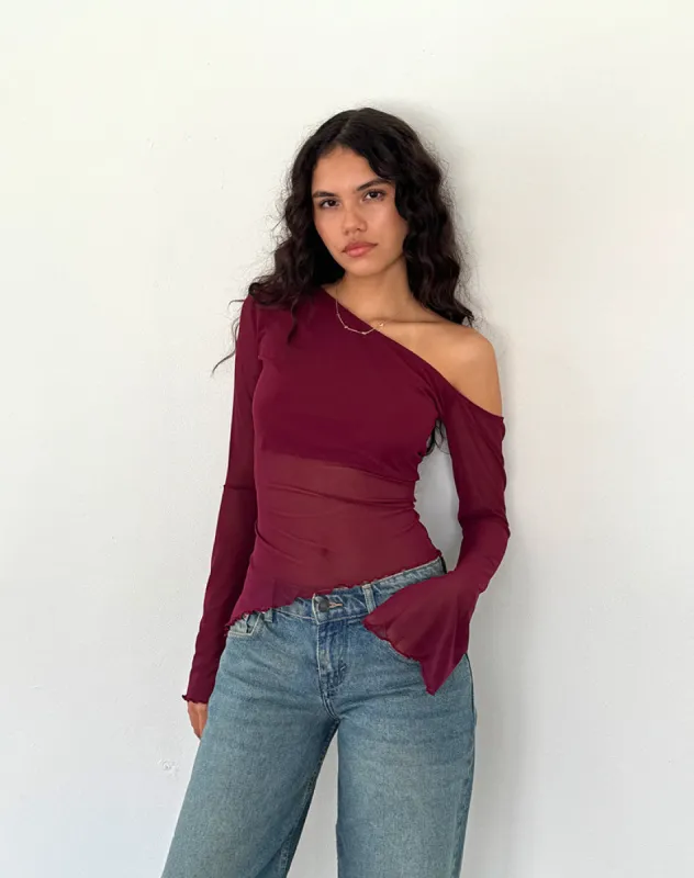 Narcissa Asymmetric Long Sleeve Top in Maroon sold by Motel Rocks